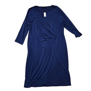 Talbots Wrap Dress Women's 1X Blue 3/4 Sleeve V-Neck Formal Party Preppy Stretch